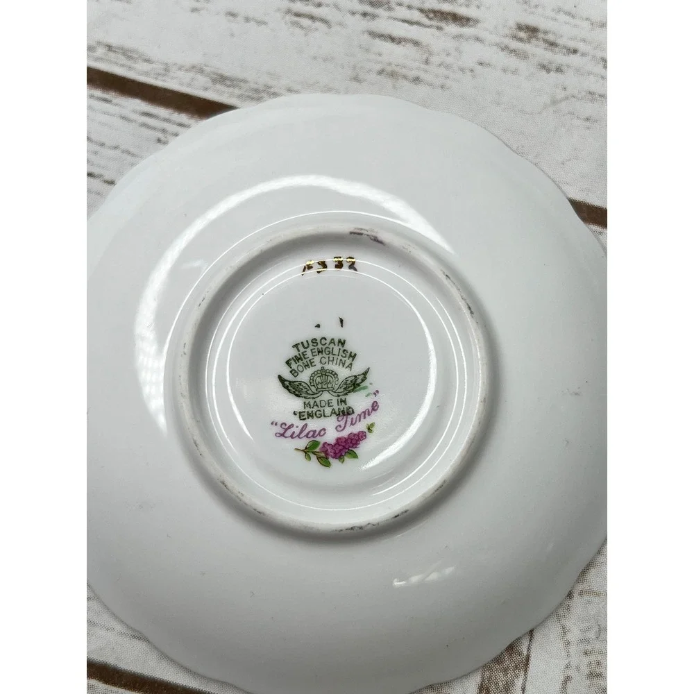 Tuscan Tea Cup and Saucer Lilac Time White Purple Floral Gold Trim Vintage Set